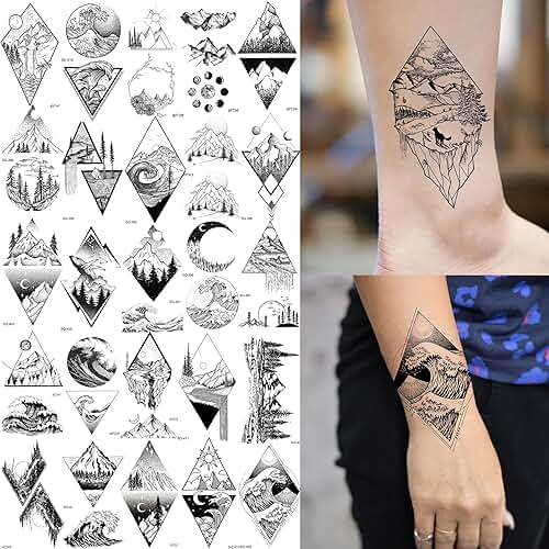 GOROMON 52 Sheets Small Black Mountain Temporary Tattoos For Men Women Adult, Geometric Sea Weave Forest Pine Tree Realistic Tattoo Sticker For Kids Children, Moon Sun Star Triangle Tatoos Outer Space - Image 3