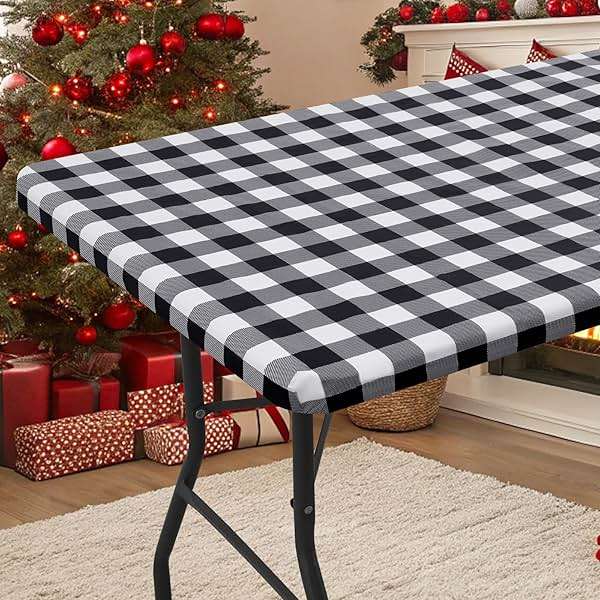 Smiry Rectangle Picnic Table Cloth, Elastic Waterproof Fitted Vinyl Tablecloths, Flannel Backed Buffalo Plaid Table Covers for Dining, Camping, Outdoor (Black and White, 30" x 72") - Image 1
