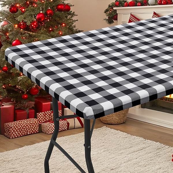 Smiry Rectangle Picnic Table Cloth, Elastic Waterproof Fitted Vinyl Tablecloths, Flannel Backed Buffalo Plaid Table Covers for Dining, Camping, Outdoor (Black and White, 30" x 72") - Product Image