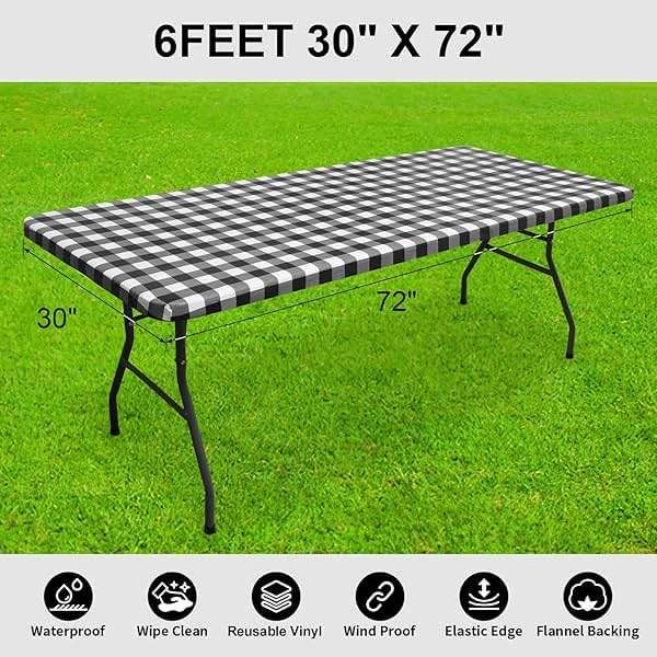 Smiry Rectangle Picnic Table Cloth, Elastic Waterproof Fitted Vinyl Tablecloths, Flannel Backed Buffalo Plaid Table Covers for Dining, Camping, Outdoor (Black and White, 30" x 72") - Image 2