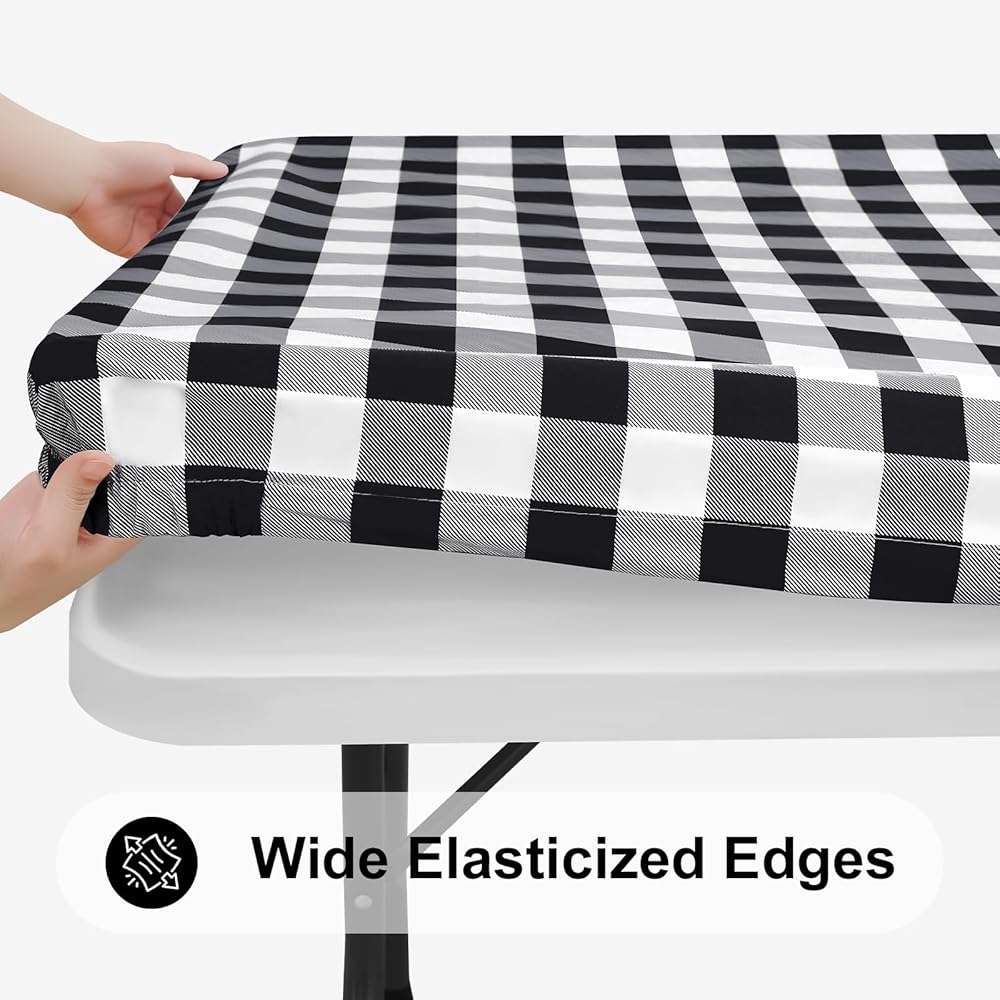 Smiry Rectangle Picnic Table Cloth, Elastic Waterproof Fitted Vinyl Tablecloths, Flannel Backed Buffalo Plaid Table Covers for Dining, Camping, Outdoor (Black and White, 30" x 72") - Image 3
