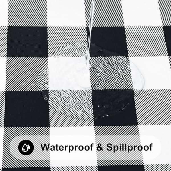 Smiry Rectangle Picnic Table Cloth, Elastic Waterproof Fitted Vinyl Tablecloths, Flannel Backed Buffalo Plaid Table Covers for Dining, Camping, Outdoor (Black and White, 30" x 72") - Image 4