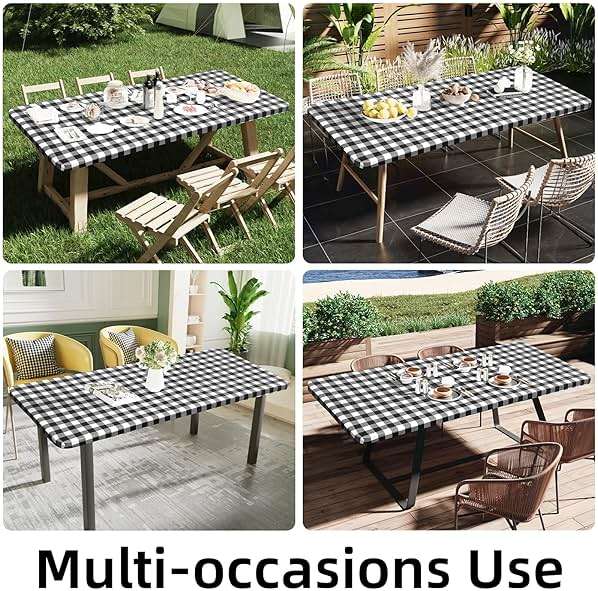 Smiry Rectangle Picnic Table Cloth, Elastic Waterproof Fitted Vinyl Tablecloths, Flannel Backed Buffalo Plaid Table Covers for Dining, Camping, Outdoor (Black and White, 30" x 72") - Image 7