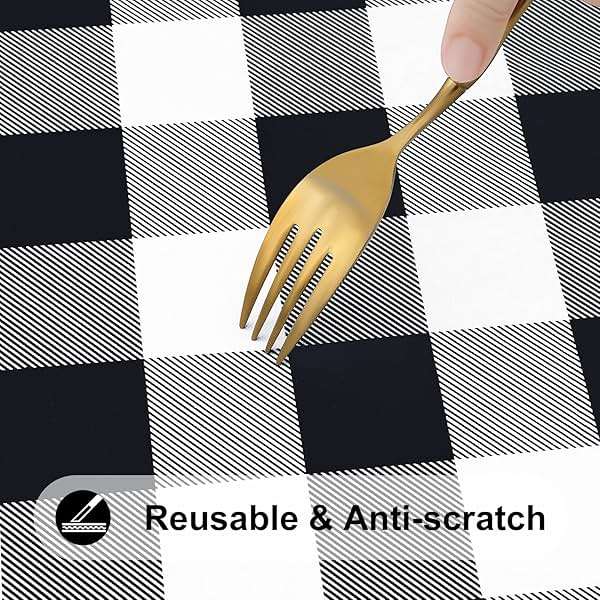 Smiry Rectangle Picnic Table Cloth, Elastic Waterproof Fitted Vinyl Tablecloths, Flannel Backed Buffalo Plaid Table Covers for Dining, Camping, Outdoor (Black and White, 30" x 72") - Image 8