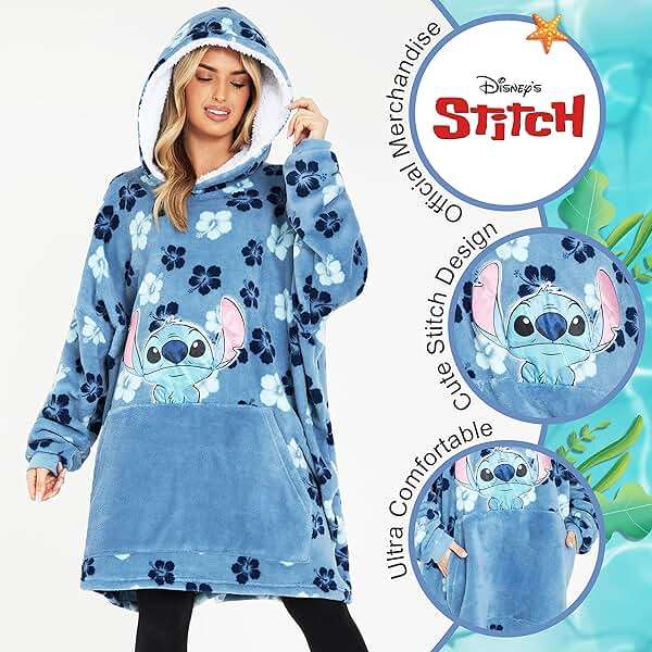 Disney Stitch Blanket Hoodie for Women Teens, Wearable Oversized Fleece Hooded Poncho with Pocket, Cozy Gifts for Women - Image 3