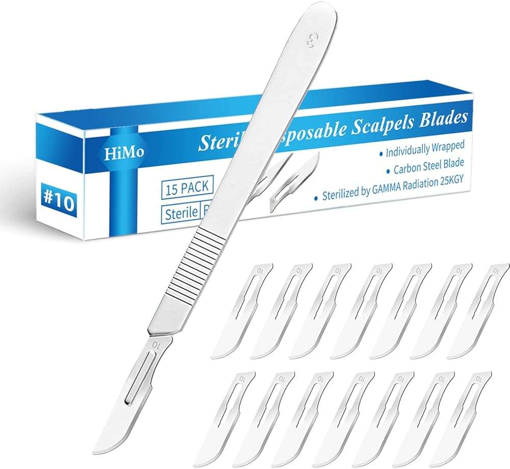 15 Pack Surgical Blades #10 with Stainless Steel Scalpel Handle, High Carbon Steel Dermablade Blades Individually Wrapped Sterile for Dermaplaining, Podiatry, Crafts & More - Image 1