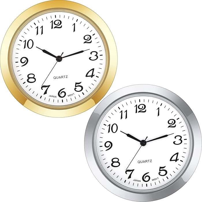 Outus 2 Pack 1-7/16 Inch Round Clock Insert Face Metal Wall Clock with Arabic Numerals Easy to Read Gold and Silver Bezel for Home Office - Product Image