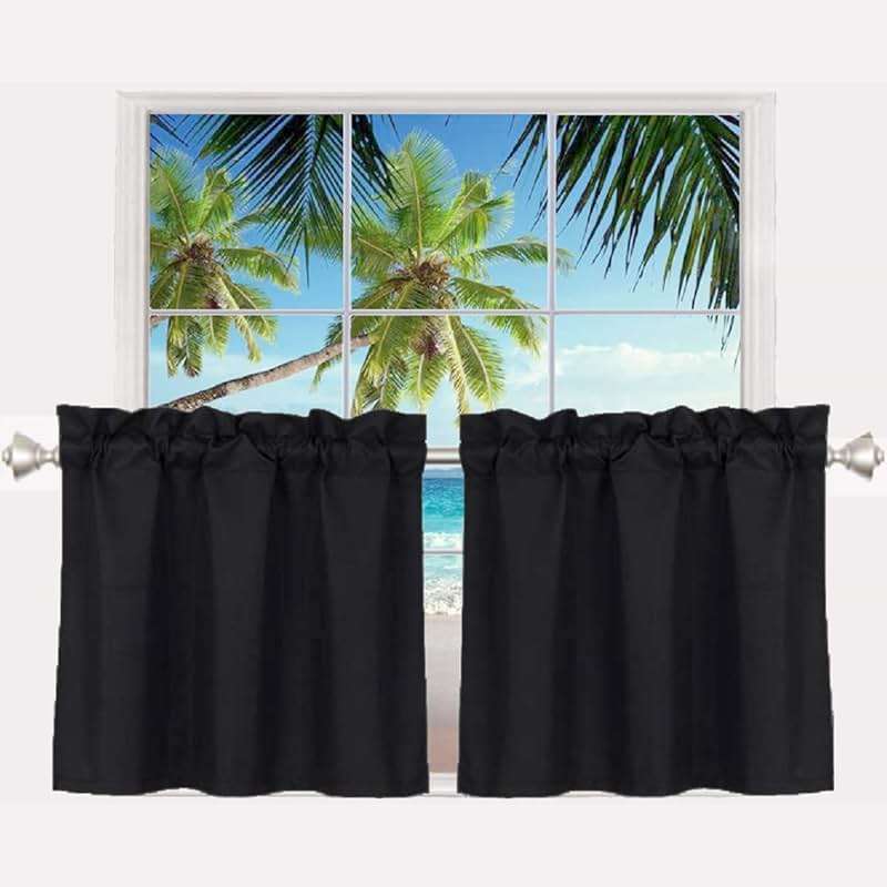 Pickluc 24 Inch Long Tier Curtains for Small Window Treatment, Short Blackout Curtain with Rod Pocket - Half Window Curtains for Kitchen, Cabinet, Basement, Camper, 2 Panels, Black, 30 Inches Wide - Image 1
