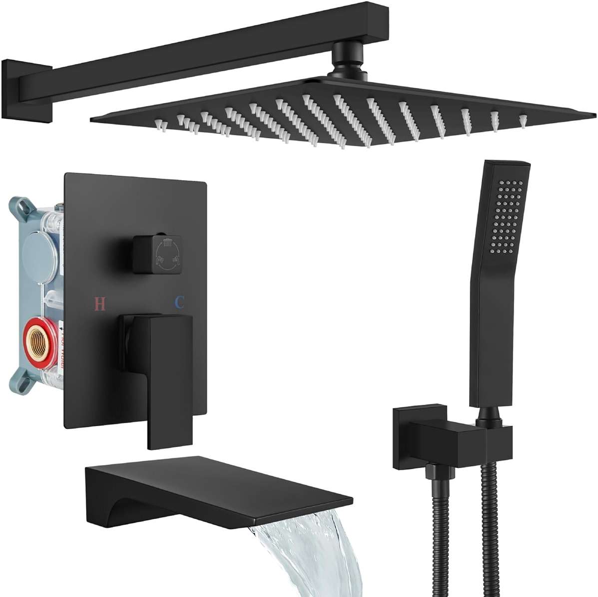 gotonovo Shower System with Tub Spout,Waterfall Tub Shower Faucet Set for Bathroom Head and Handle Set Wall Mounted 3 Function Rough-in Valve and Trim Included 10 inch Shower Head Matte Black - Image 1