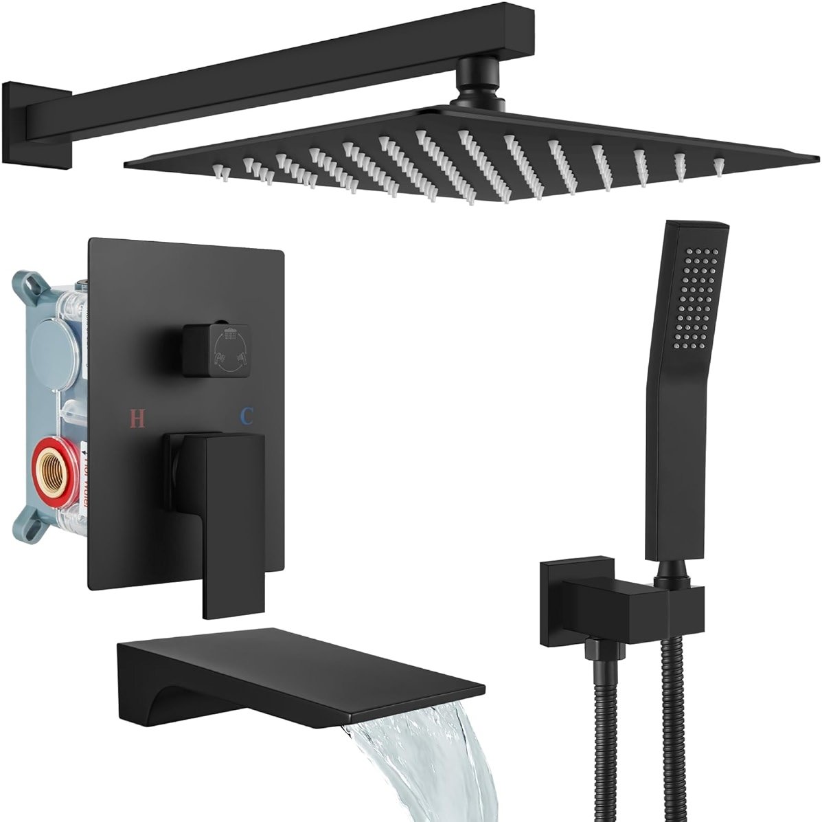 gotonovo Shower System with Tub Spout,Waterfall Tub Shower Faucet Set for Bathroom Head and Handle Set Wall Mounted 3 Function Rough-in Valve and Trim Included 10 inch Shower Head Matte Black - Product Image