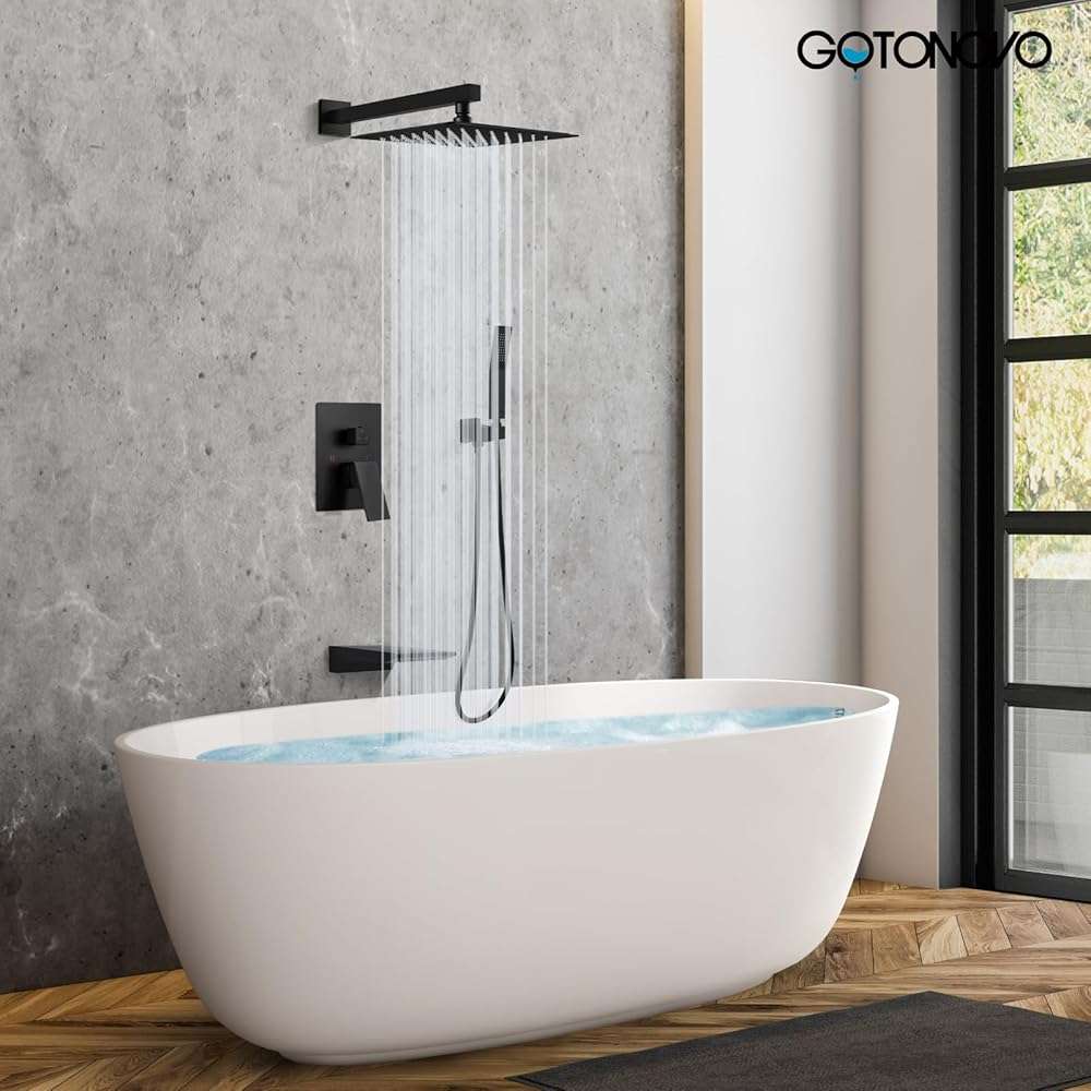 gotonovo Shower System with Tub Spout,Waterfall Tub Shower Faucet Set for Bathroom Head and Handle Set Wall Mounted 3 Function Rough-in Valve and Trim Included 10 inch Shower Head Matte Black - Image 2