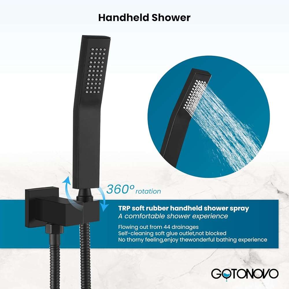 gotonovo Shower System with Tub Spout,Waterfall Tub Shower Faucet Set for Bathroom Head and Handle Set Wall Mounted 3 Function Rough-in Valve and Trim Included 10 inch Shower Head Matte Black - Image 5