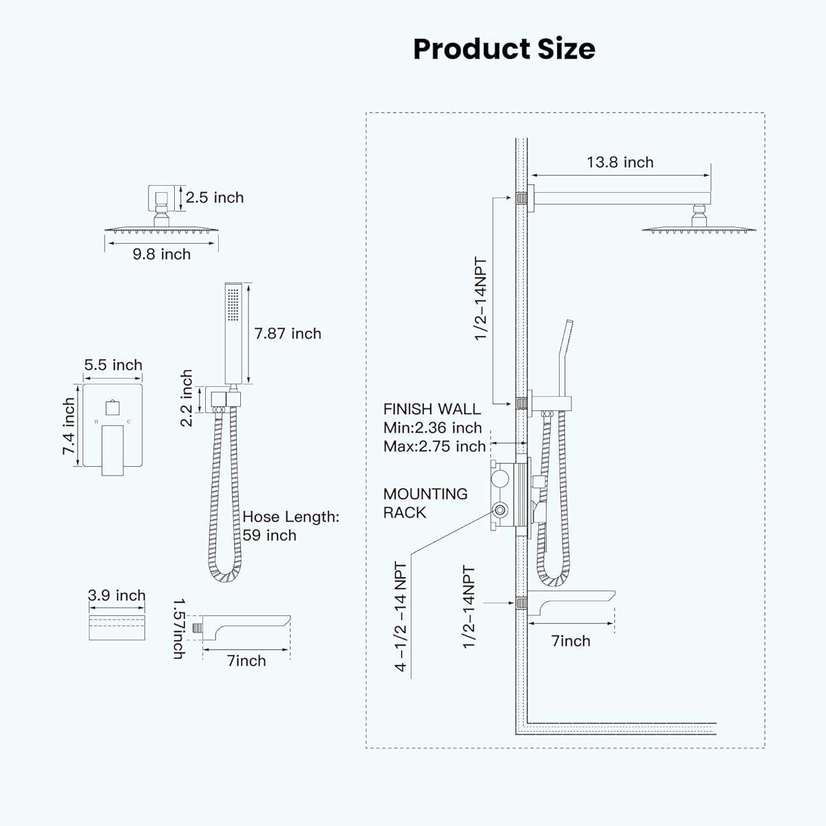 gotonovo Shower System with Tub Spout,Waterfall Tub Shower Faucet Set for Bathroom Head and Handle Set Wall Mounted 3 Function Rough-in Valve and Trim Included 10 inch Shower Head Matte Black - Image 6