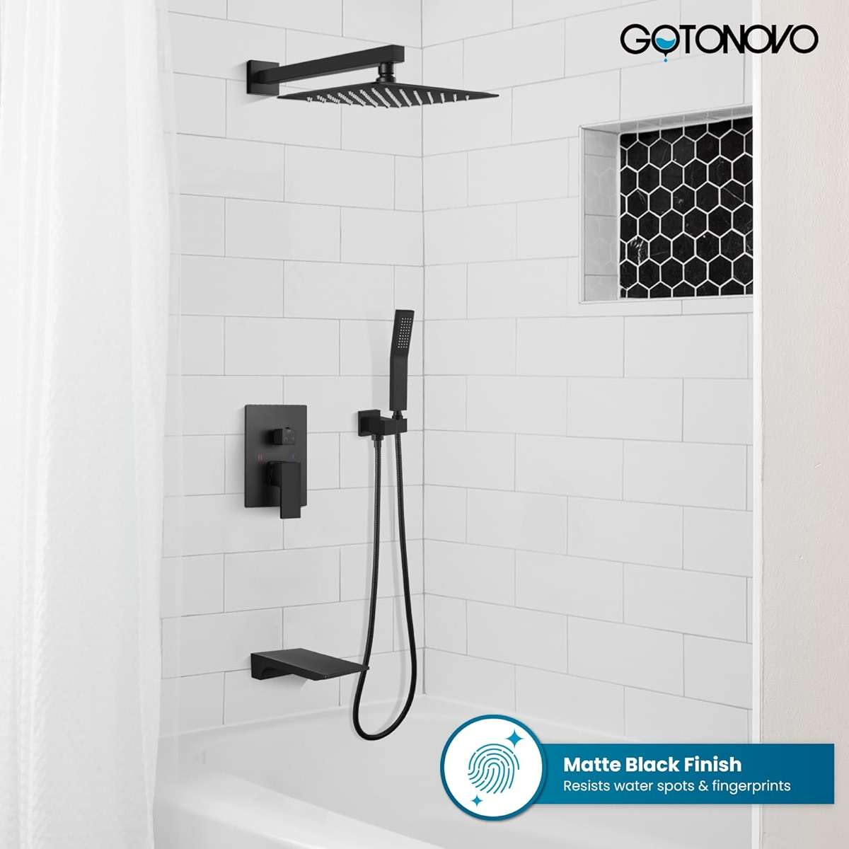 gotonovo Shower System with Tub Spout,Waterfall Tub Shower Faucet Set for Bathroom Head and Handle Set Wall Mounted 3 Function Rough-in Valve and Trim Included 10 inch Shower Head Matte Black - Image 8