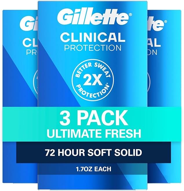 Gillette Clinical Antiperspirant and Deodorant for Men, 72hr Sweat & Odor Protection, Long Lasting Freshness, Anti-White Mark Technology, Soft Solid, Ultimate Fresh Scent, 1.7 oz (Pack of 3) - Product Image