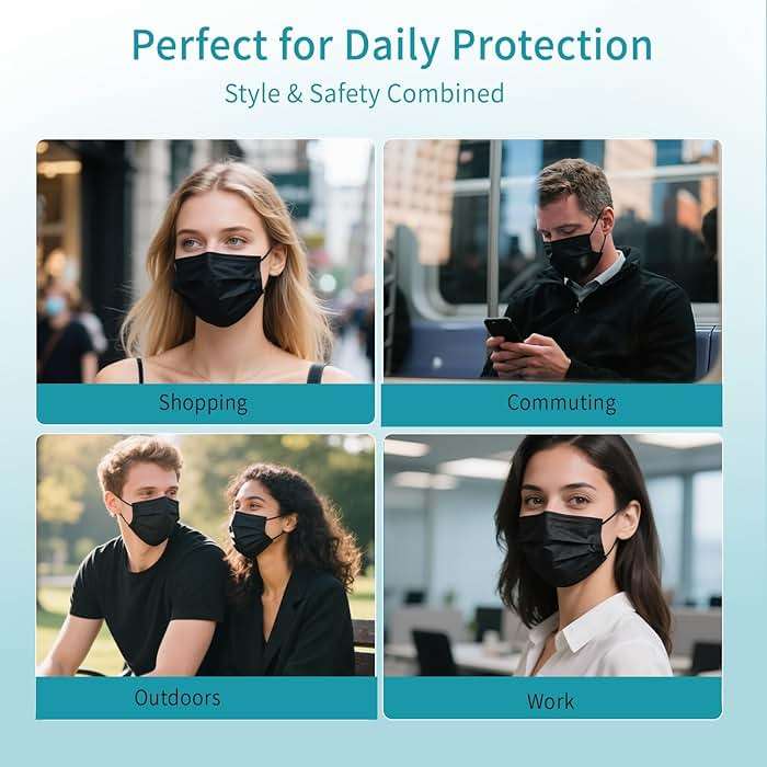 akgk 100Pcs Disposable Face Masks, Black Face Mask, 3 Ply Disposable Mask | Breathable Mask For Adults, Great For Outdoors, Home, Office, School - Image 6