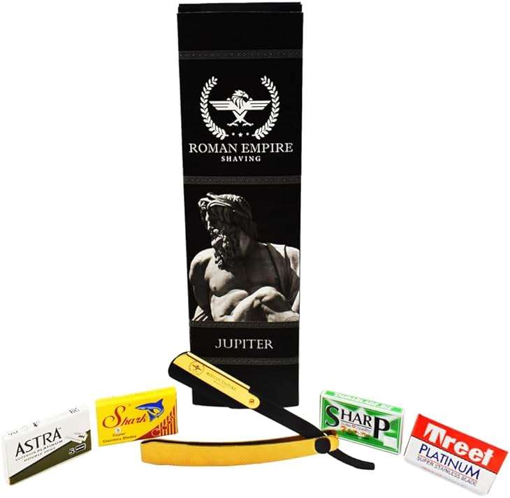 ROMAN EMPIRE SHAVING Jupiter New Straight Razor for Professional Barber with 20 Blades Sampler (Astra-Sharp-Shark-Treet) - Image 1