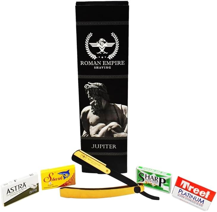 ROMAN EMPIRE SHAVING Jupiter New Straight Razor for Professional Barber with 20 Blades Sampler (Astra-Sharp-Shark-Treet) - Product Image
