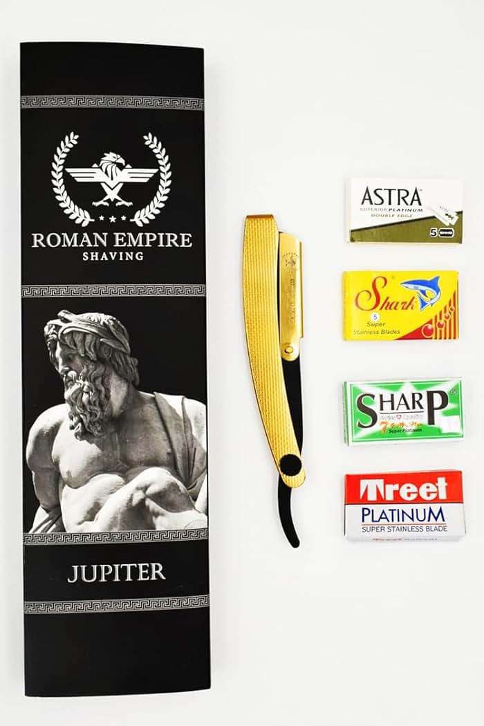 ROMAN EMPIRE SHAVING Jupiter New Straight Razor for Professional Barber with 20 Blades Sampler (Astra-Sharp-Shark-Treet) - Image 3