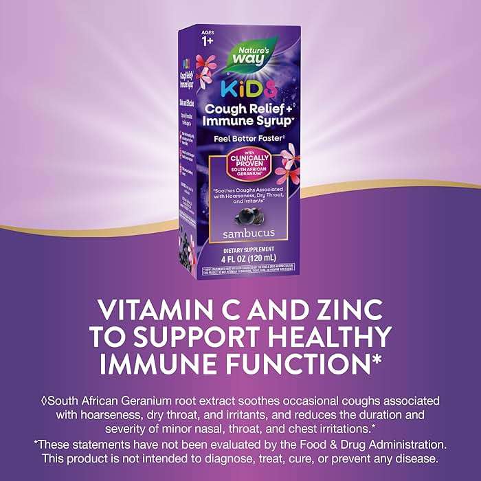 Nature's Way Sambucus Kids Cough Relief +(1) Immune Syrup*, Feel Better Faster(1), Clinically Proven South African Geranium, with Elderberry Extract, Vitamin C & Zinc, Gluten Free, Vegan, 4 Fl Oz - Image 3