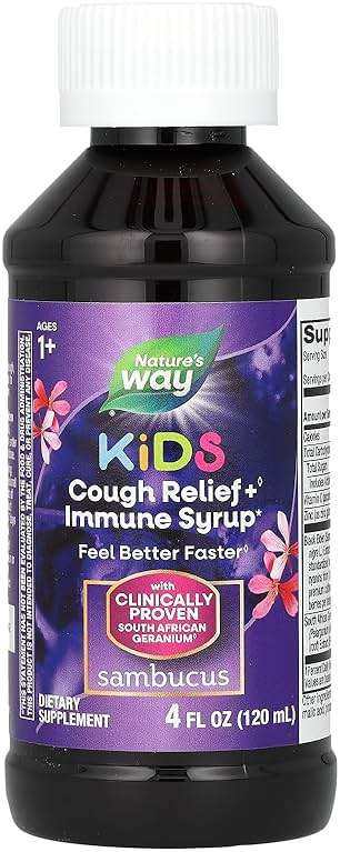 Nature's Way Sambucus Kids Cough Relief +(1) Immune Syrup*, Feel Better Faster(1), Clinically Proven South African Geranium, with Elderberry Extract, Vitamin C & Zinc, Gluten Free, Vegan, 4 Fl Oz - Image 4