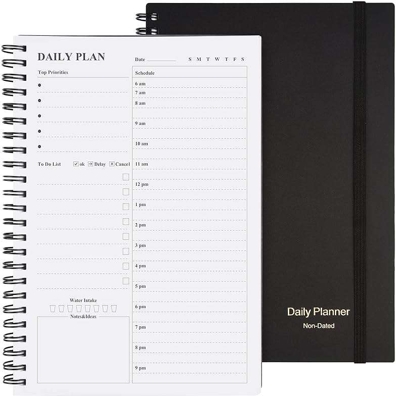 Daily Planner Undated, Asten To Do List Notebook Hourly Schedules Spiral Appointment Planner for Men and Women,PVC Hardcover,Elastic Closure, Inner Pocket 8.3" x 5.8" (Black) - Image 1