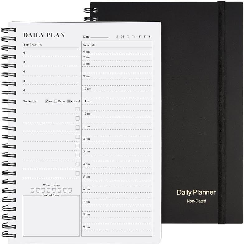 Daily Planner Undated, Asten To Do List Notebook Hourly Schedules Spiral Appointment Planner for Men and Women,PVC Hardcover,Elastic Closure, Inner Pocket 8.3" x 5.8" (Black) - Product Image