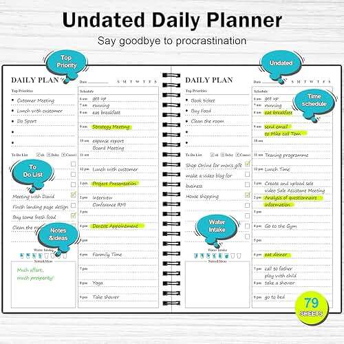 Daily Planner Undated, Asten To Do List Notebook Hourly Schedules Spiral Appointment Planner for Men and Women,PVC Hardcover,Elastic Closure, Inner Pocket 8.3" x 5.8" (Black) - Image 4