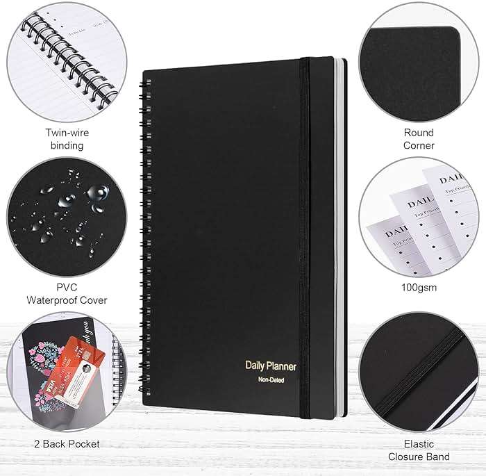 Daily Planner Undated, Asten To Do List Notebook Hourly Schedules Spiral Appointment Planner for Men and Women,PVC Hardcover,Elastic Closure, Inner Pocket 8.3" x 5.8" (Black) - Image 5
