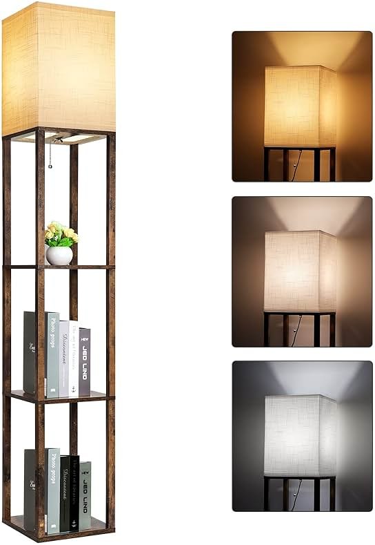 RUNTOP Floor Lamp with Shelves, Modern Shelf Lamp for Display Storage, 3 Color Temperature Wood Narrow Standing Corner Lamp with 8W Bulb for Living Room Decor, Bedroom, Office, Home Decor(Brown) - Product Image