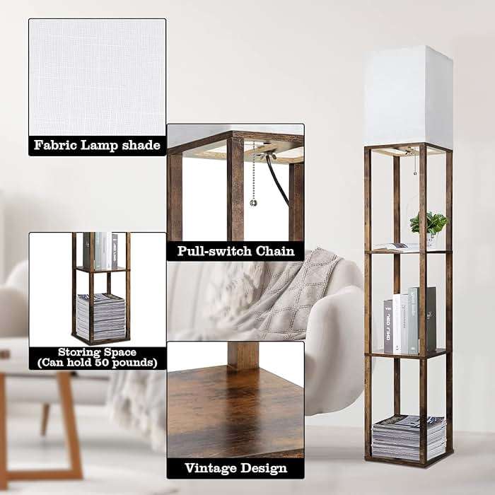 RUNTOP Floor Lamp with Shelves, Modern Shelf Lamp for Display Storage, 3 Color Temperature Wood Narrow Standing Corner Lamp with 8W Bulb for Living Room Decor, Bedroom, Office, Home Decor(Brown) - Image 7