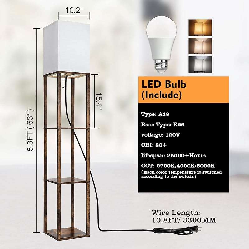 RUNTOP Floor Lamp with Shelves, Modern Shelf Lamp for Display Storage, 3 Color Temperature Wood Narrow Standing Corner Lamp with 8W Bulb for Living Room Decor, Bedroom, Office, Home Decor(Brown) - Image 8