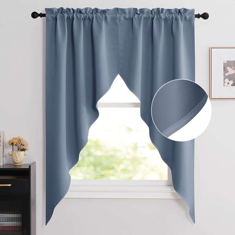 NICETOWN Balckout Swag Curtain Valances for Living Room, Farmhouse Rod Pocket Energy Saving Small Window Tiers for Thanksgiving, Stone Blue, 36" Width x 63" Length Each Panel, Set of 2 - Image 1