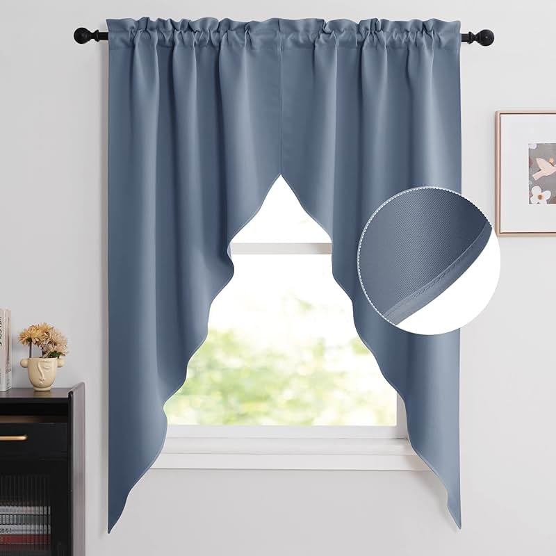 NICETOWN Balckout Swag Curtain Valances for Living Room, Farmhouse Rod Pocket Energy Saving Small Window Tiers for Thanksgiving, Stone Blue, 36" Width x 63" Length Each Panel, Set of 2 - Product Image