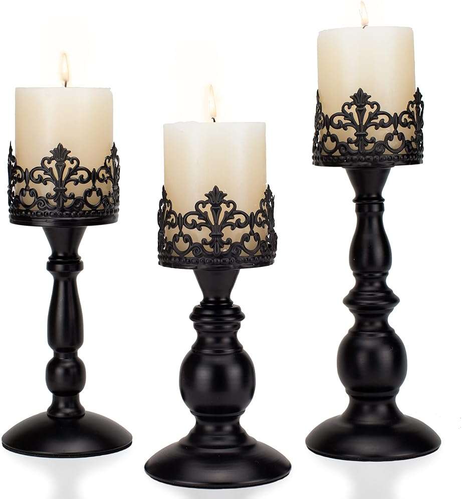 BANOMII Vintage Pillar Candle Holders for Table Centerpiece Set of 3-11'' 9'' 8'' - Matte Black Metal Candle Stands Decorative - Candle Centerpiece for Table Fireplace Decor - Gothic Candle Holder - Image 1