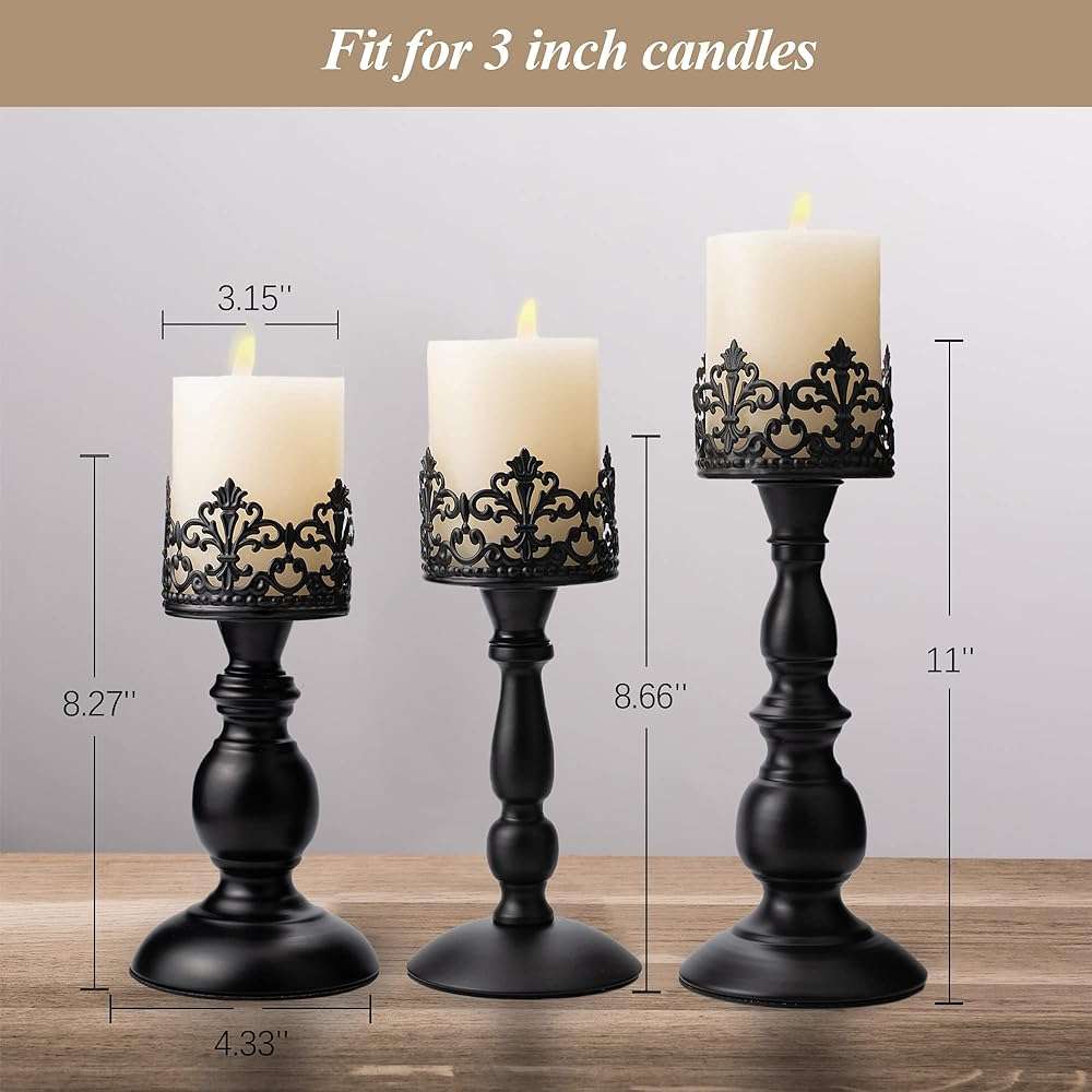BANOMII Vintage Pillar Candle Holders for Table Centerpiece Set of 3-11'' 9'' 8'' - Matte Black Metal Candle Stands Decorative - Candle Centerpiece for Table Fireplace Decor - Gothic Candle Holder - Image 3