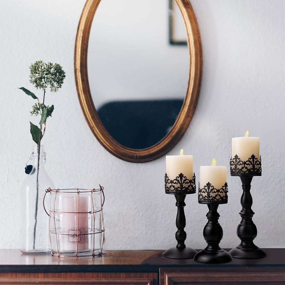 BANOMII Vintage Pillar Candle Holders for Table Centerpiece Set of 3-11'' 9'' 8'' - Matte Black Metal Candle Stands Decorative - Candle Centerpiece for Table Fireplace Decor - Gothic Candle Holder - Image 6