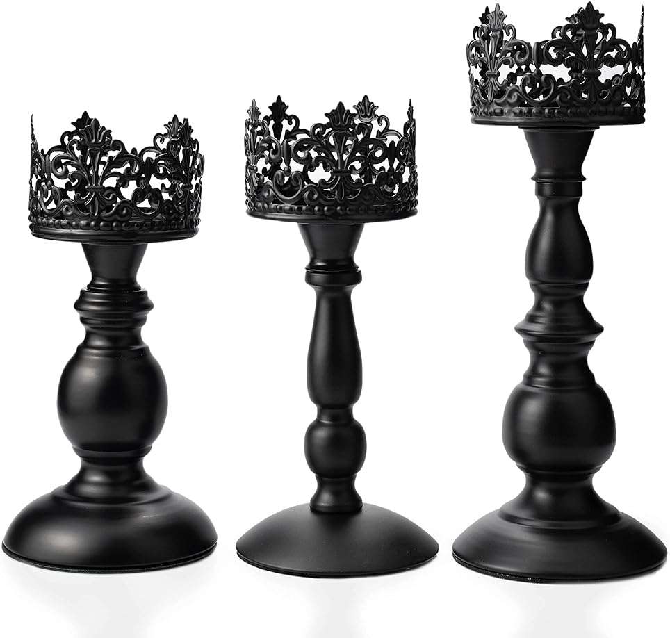 BANOMII Vintage Pillar Candle Holders for Table Centerpiece Set of 3-11'' 9'' 8'' - Matte Black Metal Candle Stands Decorative - Candle Centerpiece for Table Fireplace Decor - Gothic Candle Holder - Image 7
