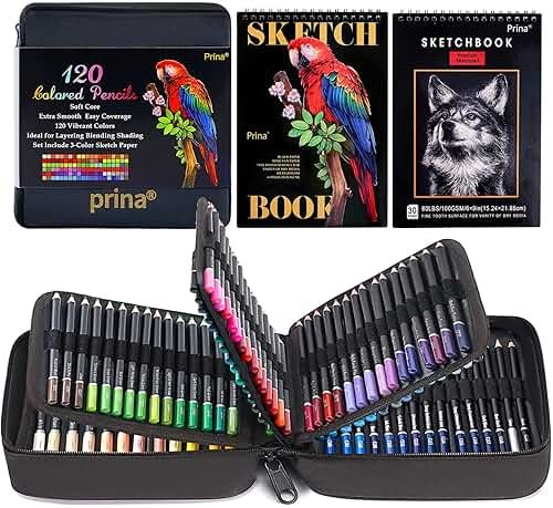 PRINA Art Supplies 120 Colors Colored Pencils Set for Adults Coloring Books with Sketchbook, Professional Vibrant Artists Coloring Pencils for Drawing Sketching Blending Shading, Soft Core Oil Based - Product Image