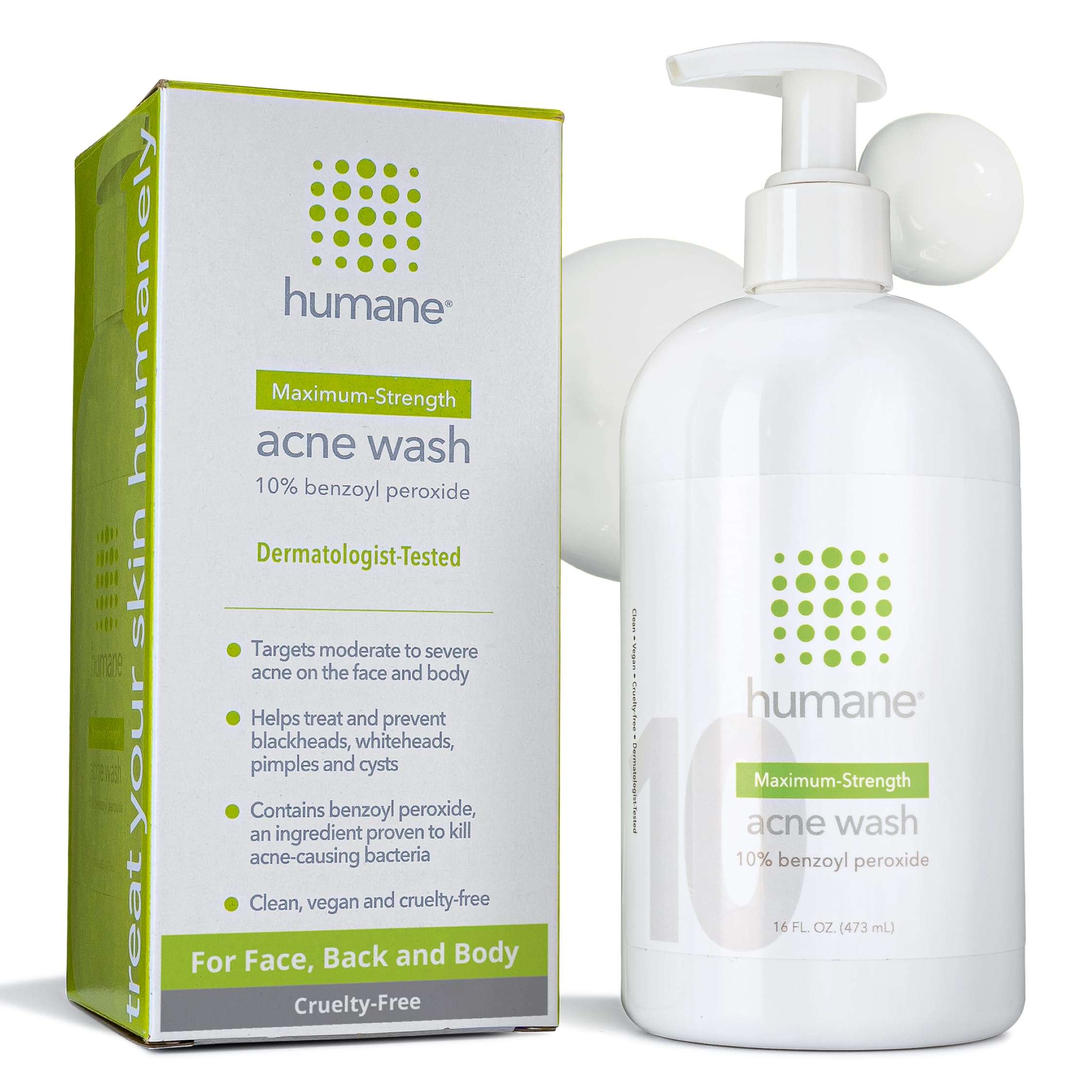 humane Benzoyl Peroxide Acne Body Wash - 10% Maximum-Strength Face, Skin, Butt, and Back Acne Treatment - 16 Fl Oz - Dermatologist-Tested Non-Foaming Acne Face Wash Cleanser - Vegan, Cruelty-Free - Image 1