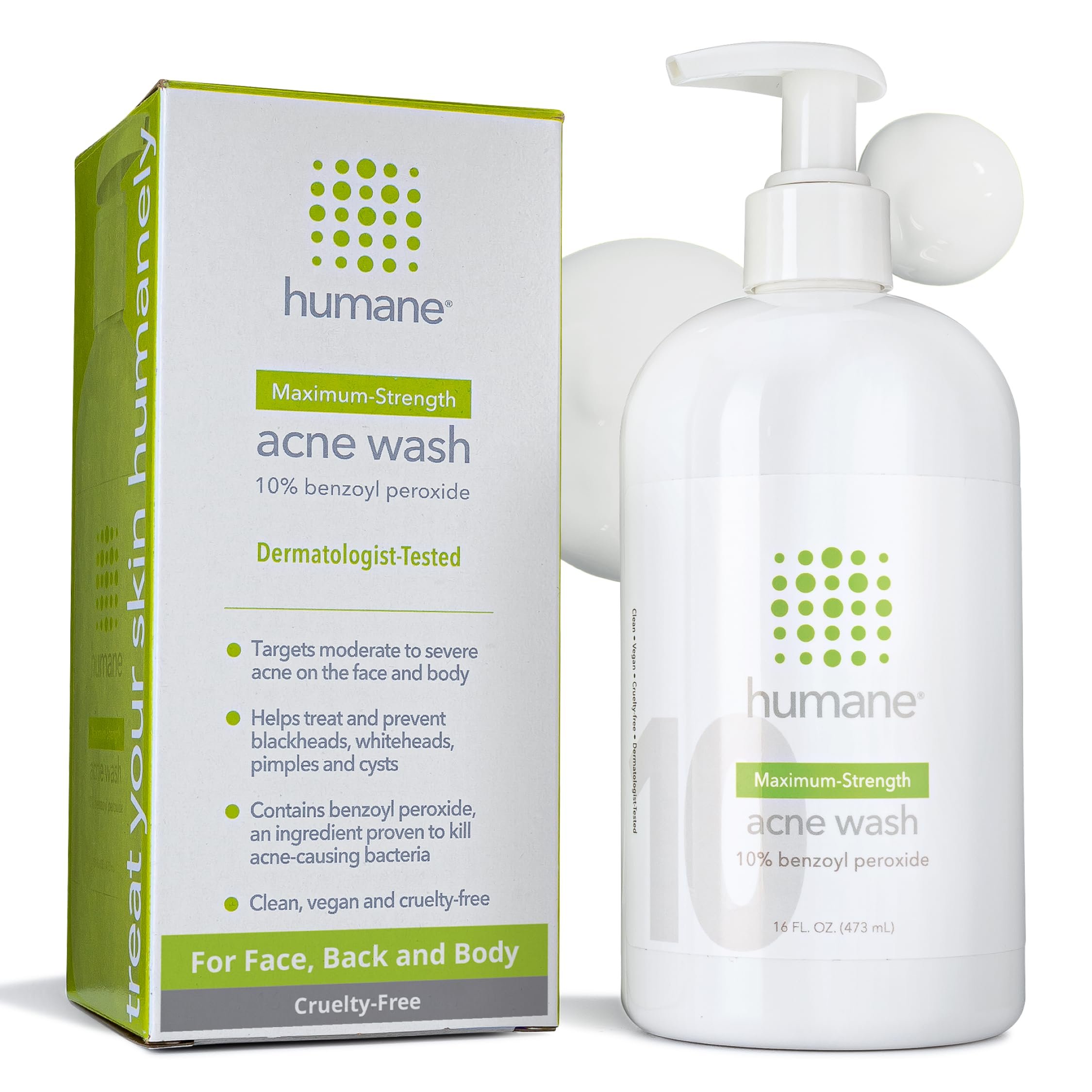 humane Benzoyl Peroxide Acne Body Wash - 10% Maximum-Strength Face, Skin, Butt, and Back Acne Treatment - 16 Fl Oz - Dermatologist-Tested Non-Foaming Acne Face Wash Cleanser - Vegan, Cruelty-Free - Product Image