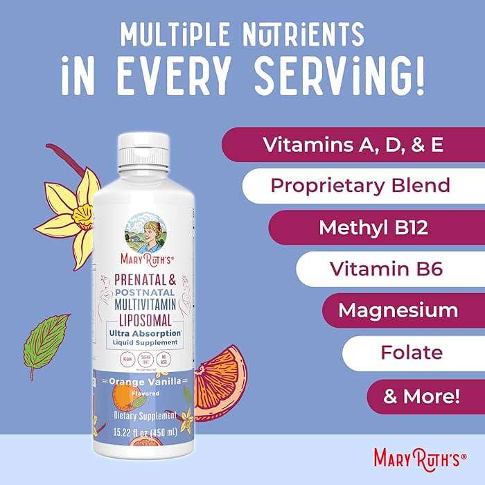 MaryRuth’s Prenatal & Postnatal Multivitamin Liposomal | Preconception & Pregnancy | Prenatal Vitamins for Women with Folate Choline Omega 3 DHA | Vegan | Sugar Free | Gluten Free | 30 Servings - Image 7