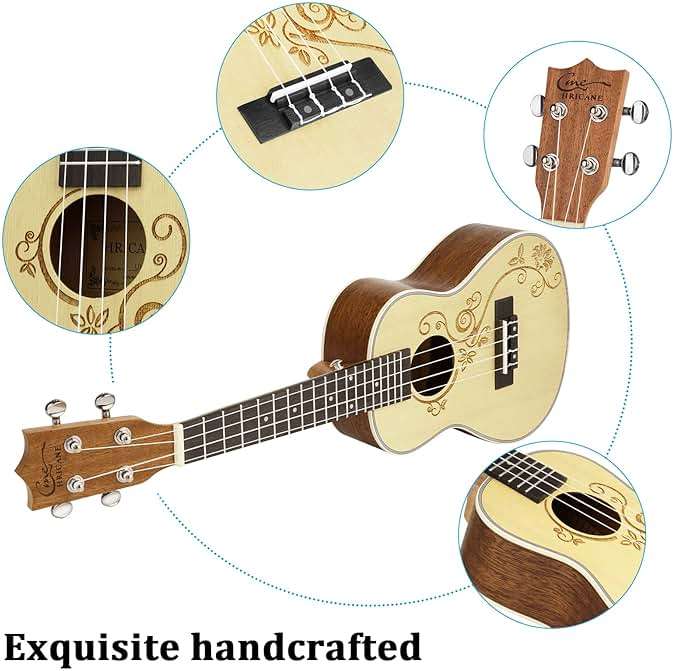 Hricane Concert Ukulele 23 Inch Spruce Flower Top Sapele Professional Ukuleles for Beginners with Bag, Digital Tuner, Strap, 4 Strings Set, Pick, Cleaning Cloth - Image 4