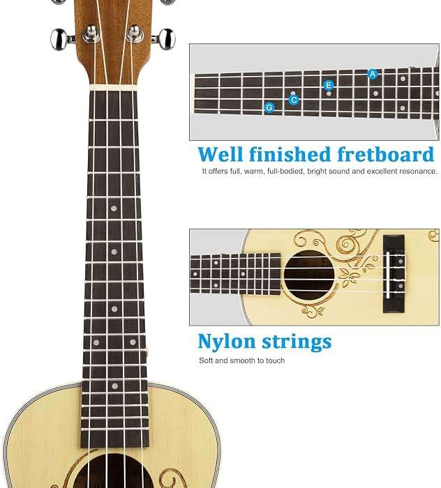 Hricane Concert Ukulele 23 Inch Spruce Flower Top Sapele Professional Ukuleles for Beginners with Bag, Digital Tuner, Strap, 4 Strings Set, Pick, Cleaning Cloth - Image 5