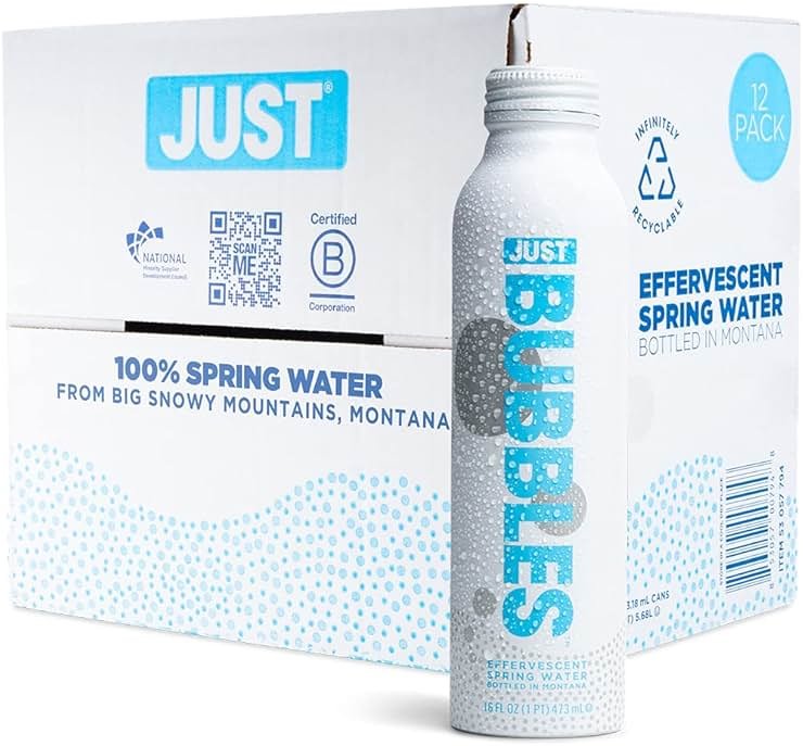 JUST Bubbles - Pure Premium Sparkling Spring Water in a Fully Recyclable Reusable Eco-Friendly Bottle - 100% Mountain-Sourced Carbonated Water with Naturally Occurring Minerals, 16 Fl Oz (Pack of 12) - Product Image