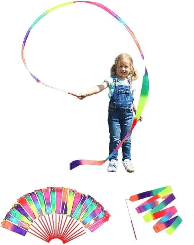 dervea 20 Pack Ribbon Dancing Wands Party Favors for Kids, Rainbow Birthday Decorations, Princess Party Supplies, Girls Party Games, Gymnastics Goody Bag Stuffers (Rainbow) - Image 1