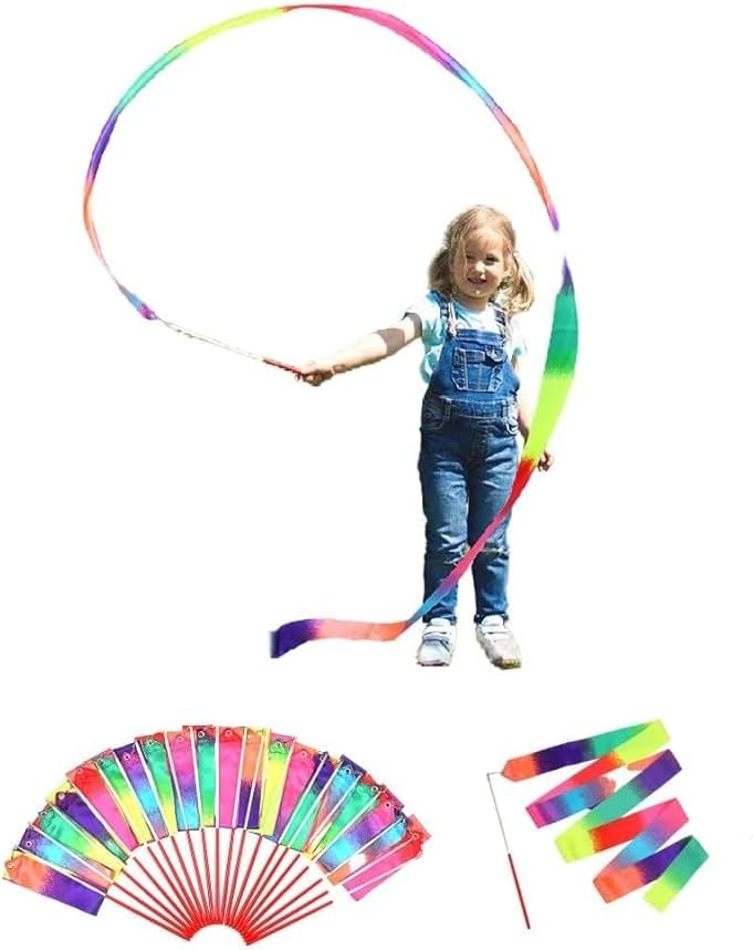dervea 20 Pack Ribbon Dancing Wands Party Favors for Kids, Rainbow Birthday Decorations, Princess Party Supplies, Girls Party Games, Gymnastics Goody Bag Stuffers (Rainbow) - Product Image