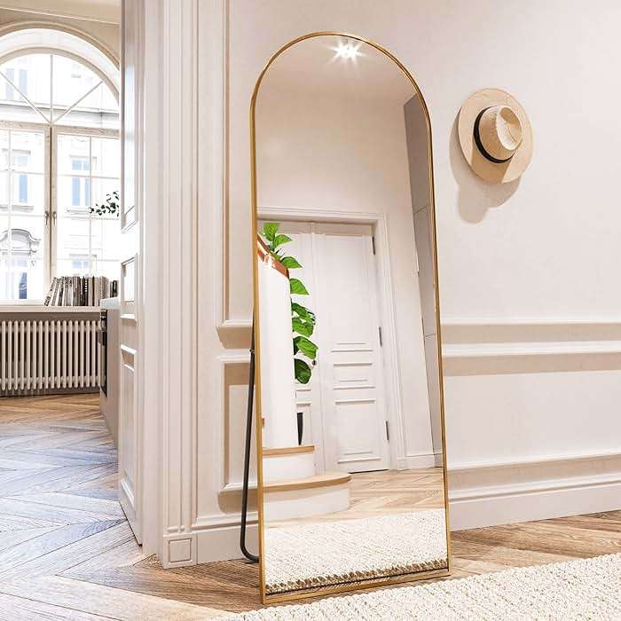 HARRITPURE 64"x21" Arched Full Length Mirror Free Standing Leaning Hanging Mounted Mirror Aluminum Frame Modern Simple Home Decor for Living Room Bedroom Cloakroom, Gold - Image 1