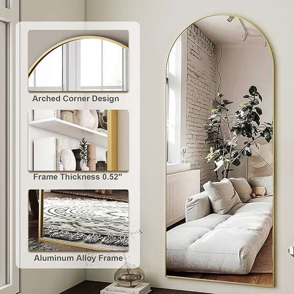 HARRITPURE 64"x21" Arched Full Length Mirror Free Standing Leaning Hanging Mounted Mirror Aluminum Frame Modern Simple Home Decor for Living Room Bedroom Cloakroom, Gold - Image 5