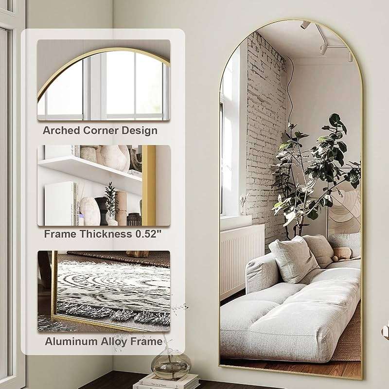 HARRITPURE 64"x21" Arched Full Length Mirror Free Standing Leaning Hanging Mounted Mirror Aluminum Frame Modern Simple Home Decor for Living Room Bedroom Cloakroom, Gold - Image 5